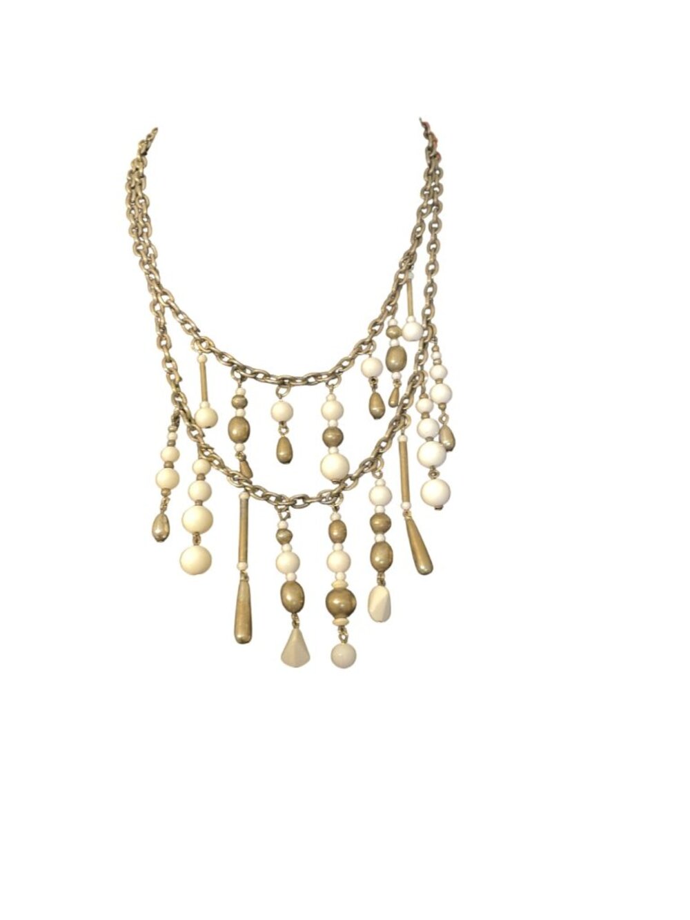 Vintage Multi-Strand Silver-Tone Necklace With White Bead & Teardrop Accents
